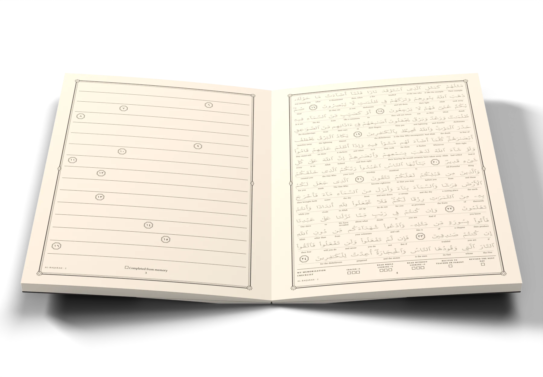 The Juz 1 · Alif Lam Mim workbook, open at a page: the ayah set in light grey to trace over, with its English meaning under each word